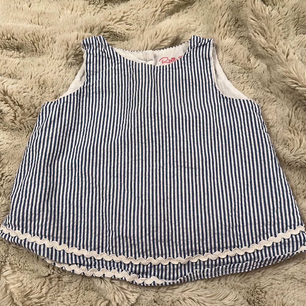 Rufflebutts Ric Rac Swing Top in blue seersucker. Size 12-18 months